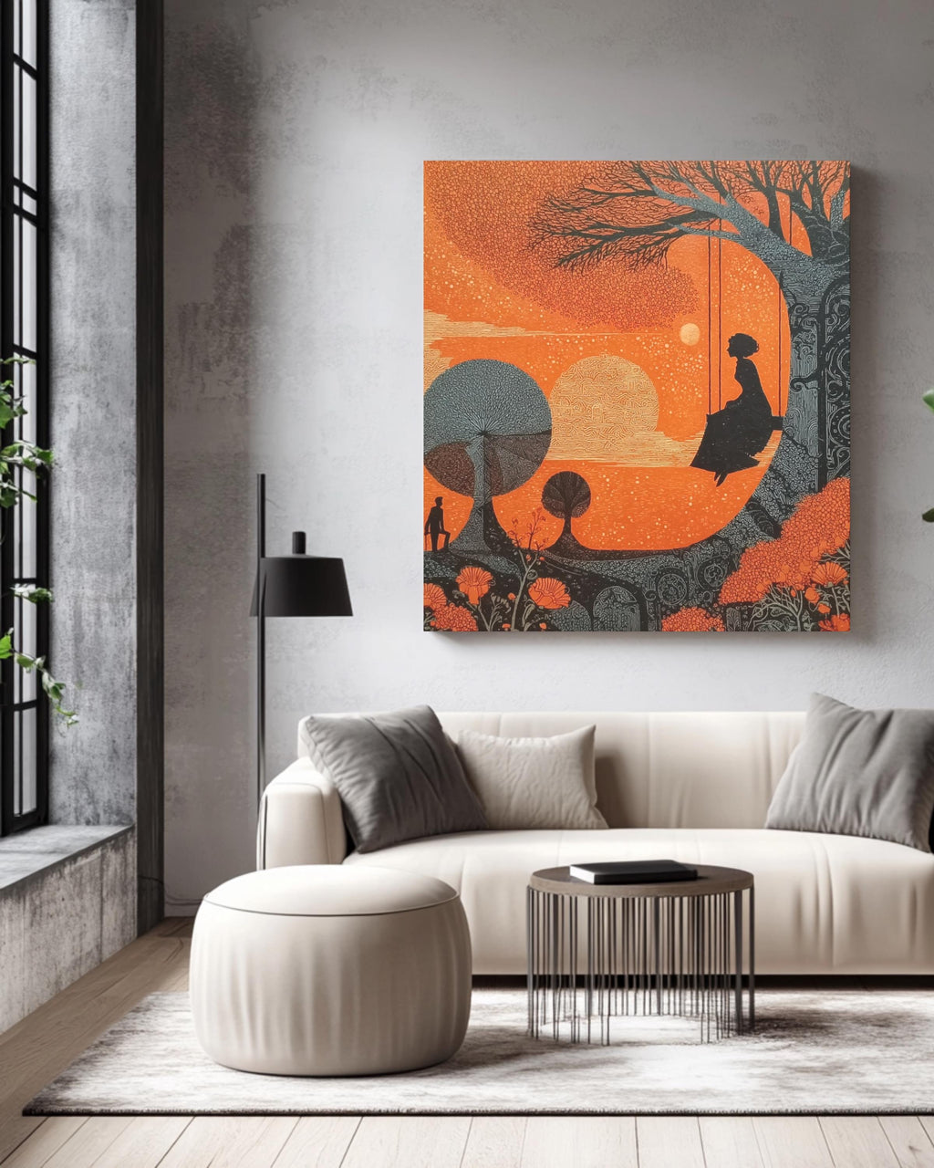 Surreal Folk Art Print  Boy on Swing, Klimt Inspired Linocut Style