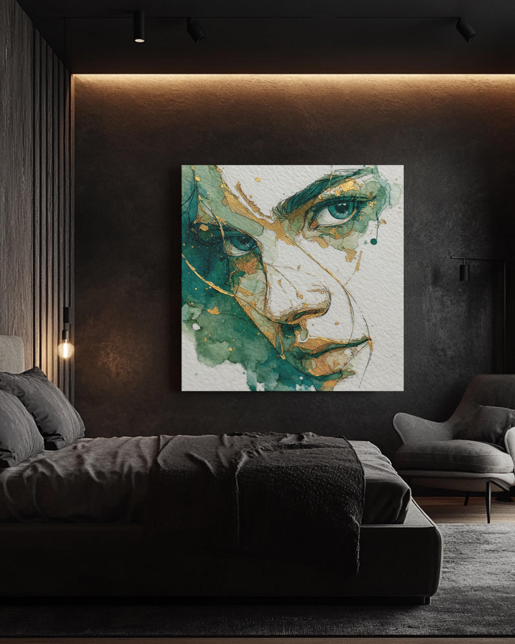 Minimalist Woman's Face Art, Green and Gold Ink Drawing, Modern Canvas