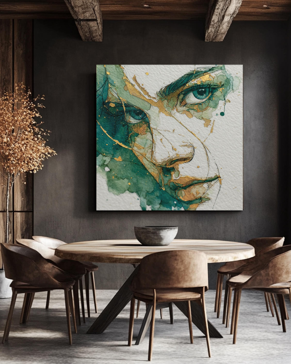 Minimalist Woman's Face Art, Green and Gold Ink Drawing, Modern Canvas