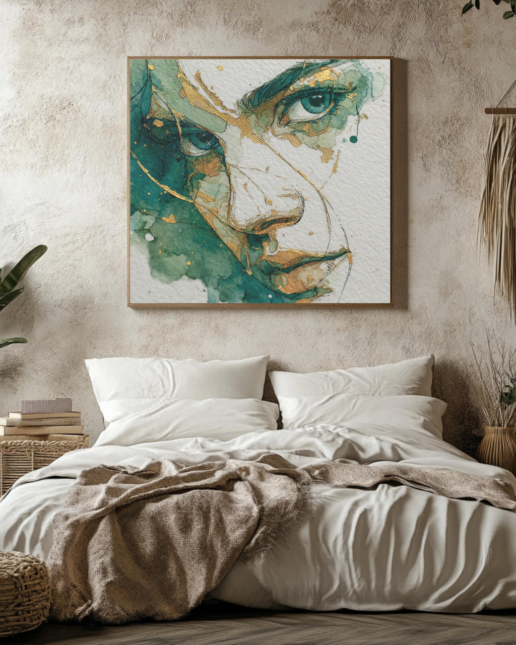 Minimalist Woman's Face Art, Green and Gold Ink Drawing, Modern Canvas