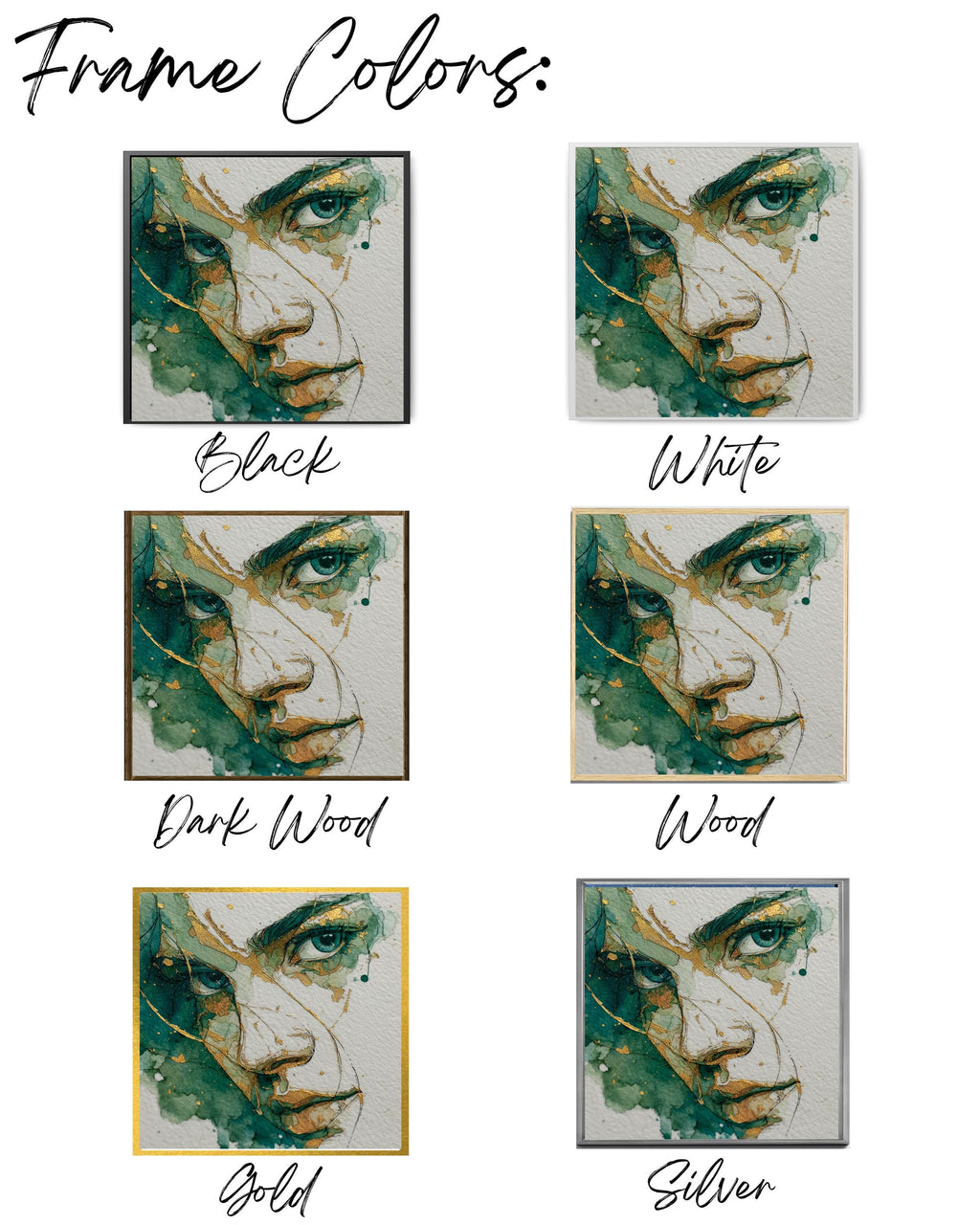 Minimalist Woman's Face Art, Green and Gold Ink Drawing, Modern Canvas