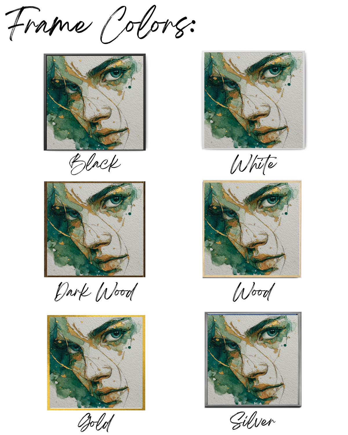 Minimalist Woman's Face Art, Green and Gold Ink Drawing, Modern Canvas