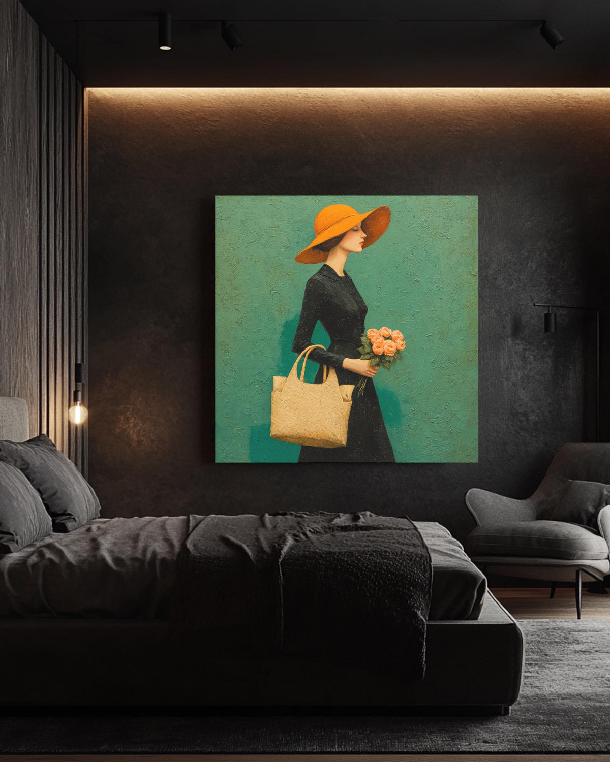 Elegant Woman in Black Dress with Orange Hat Carrying Pink Roses, Walking on Green Background, Michael Malm Style Painting, Poster Canvas