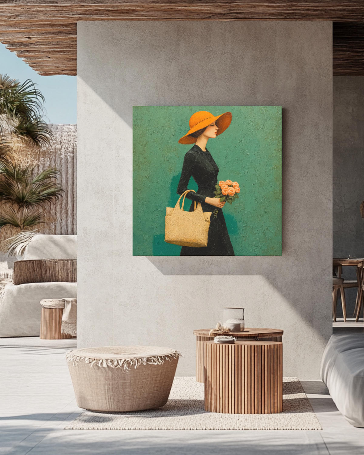 Elegant Woman in Black Dress with Orange Hat Carrying Pink Roses, Walking on Green Background, Michael Malm Style Painting, Poster Canvas