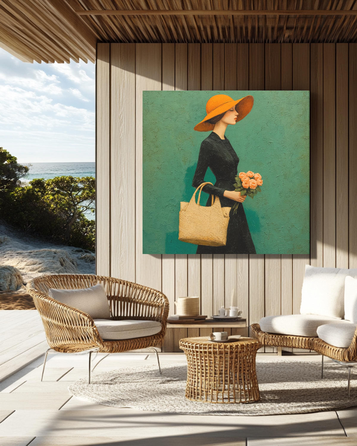 Elegant Woman in Black Dress with Orange Hat Carrying Pink Roses, Walking on Green Background, Michael Malm Style Painting, Poster Canvas