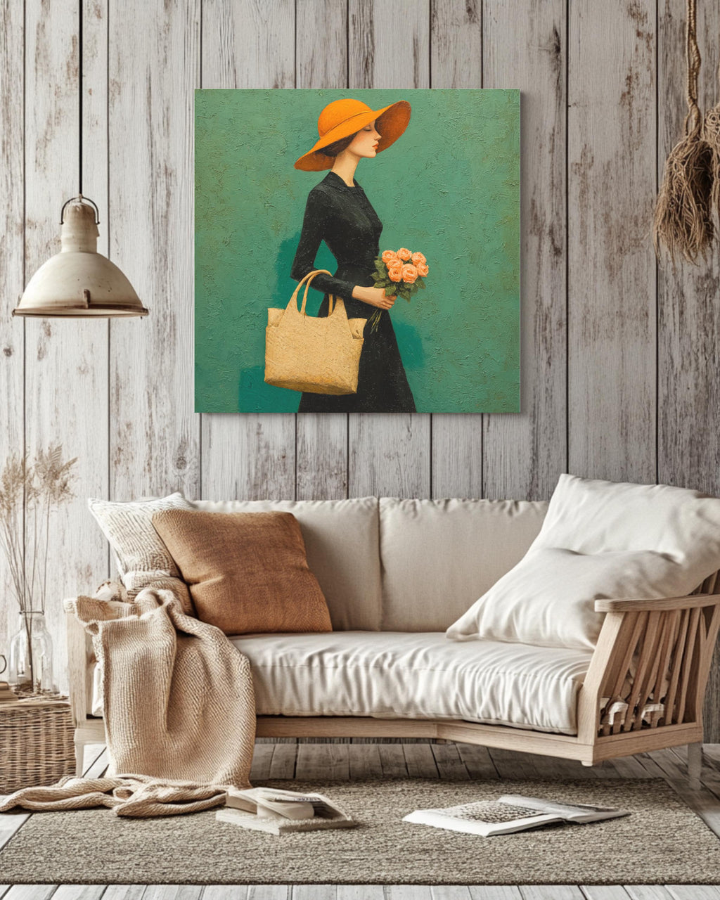 Elegant Woman in Black Dress with Orange Hat Carrying Pink Roses, Walking on Green Background, Michael Malm Style Painting, Poster Canvas