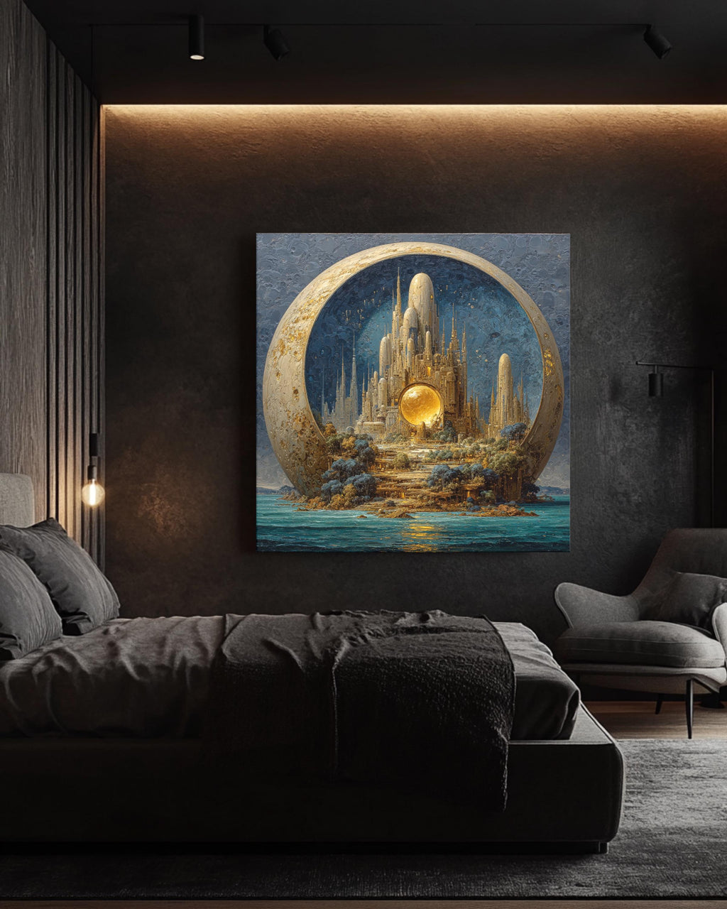 Alien Cityscape on Pluto Oil Painting, Tall Spires, Organic Architecture, Exotic Creatures, Dark Sky Blue and Turquoise Sea, Poster Canvas