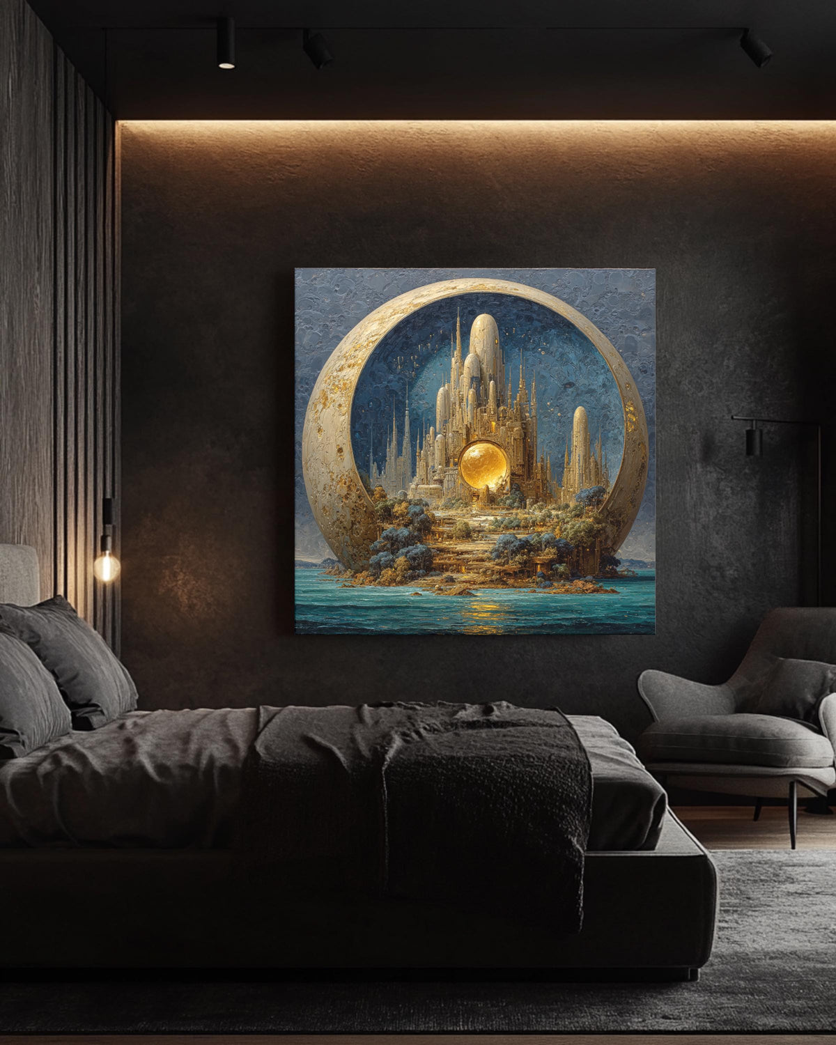 Alien Cityscape on Pluto Oil Painting, Tall Spires, Organic Architecture, Exotic Creatures, Dark Sky Blue and Turquoise Sea, Poster Canvas
