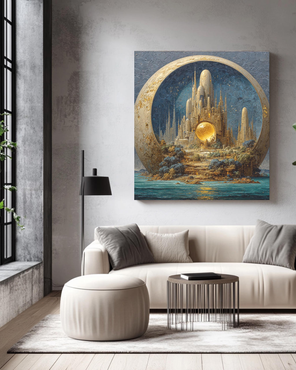Alien Cityscape on Pluto Oil Painting, Tall Spires, Organic Architecture, Exotic Creatures, Dark Sky Blue and Turquoise Sea, Poster Canvas