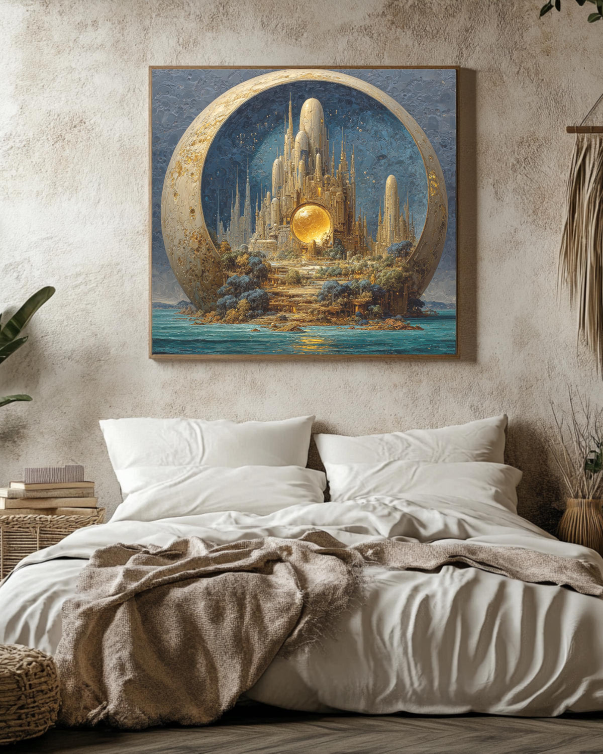 Alien Cityscape on Pluto Oil Painting, Tall Spires, Organic Architecture, Exotic Creatures, Dark Sky Blue and Turquoise Sea, Poster Canvas