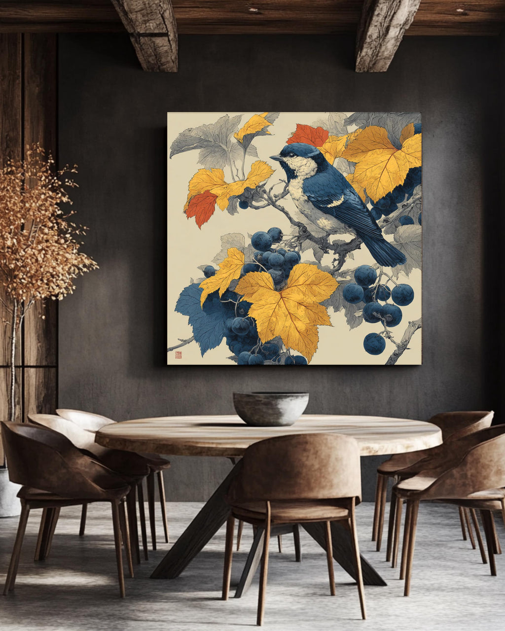 Japanese Woodblock Print, Autumn Bird and Grapevine, Nature Canvas Art