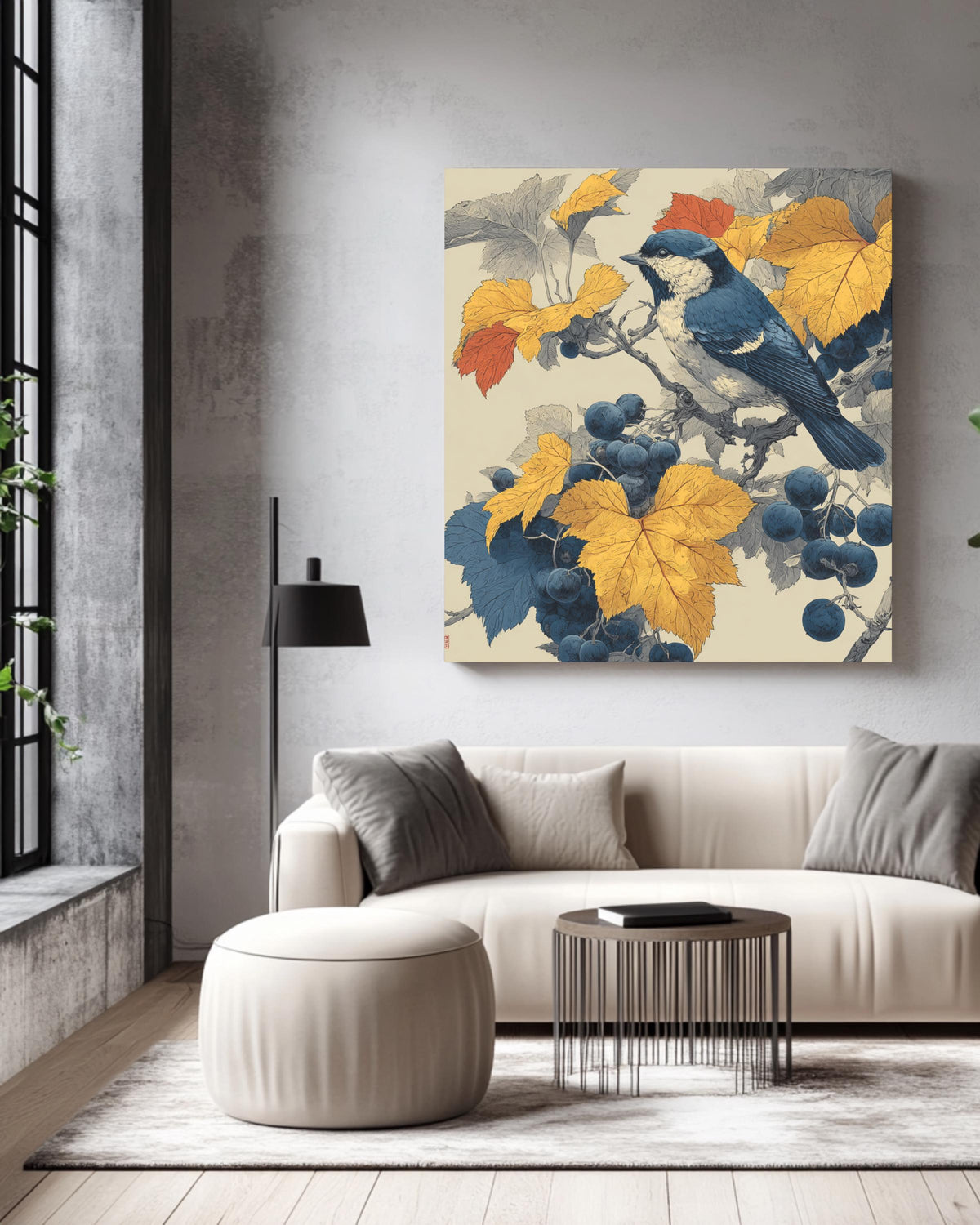 Japanese Woodblock Print, Autumn Bird and Grapevine, Nature Canvas Art