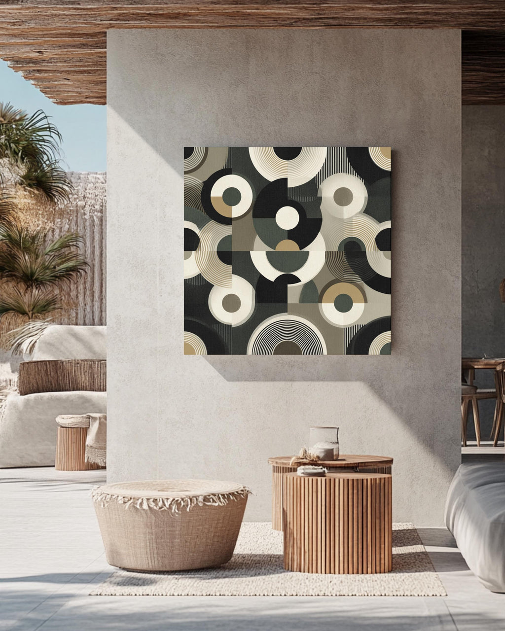 Art Deco Circle Pattern Print, Black White Beige Geometric Wall Art