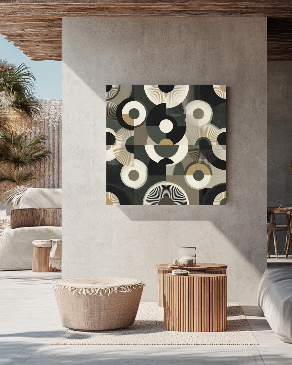 Art Deco Circle Pattern Print, Black White Beige Geometric Wall Art