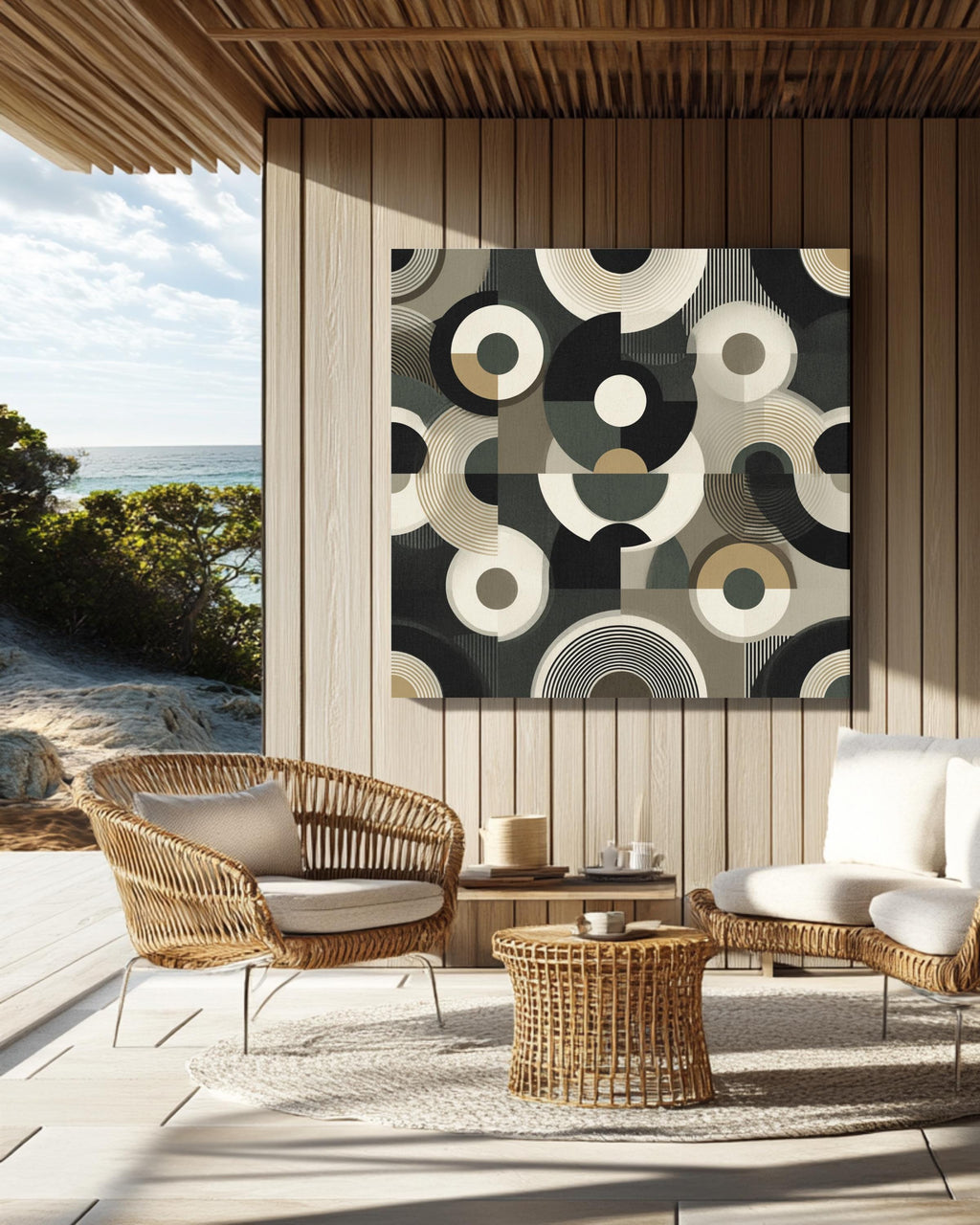 Art Deco Circle Pattern Print, Black White Beige Geometric Wall Art