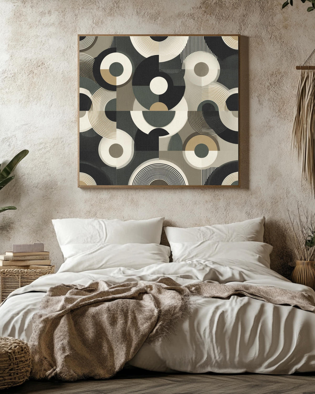 Art Deco Circle Pattern Print, Black White Beige Geometric Wall Art