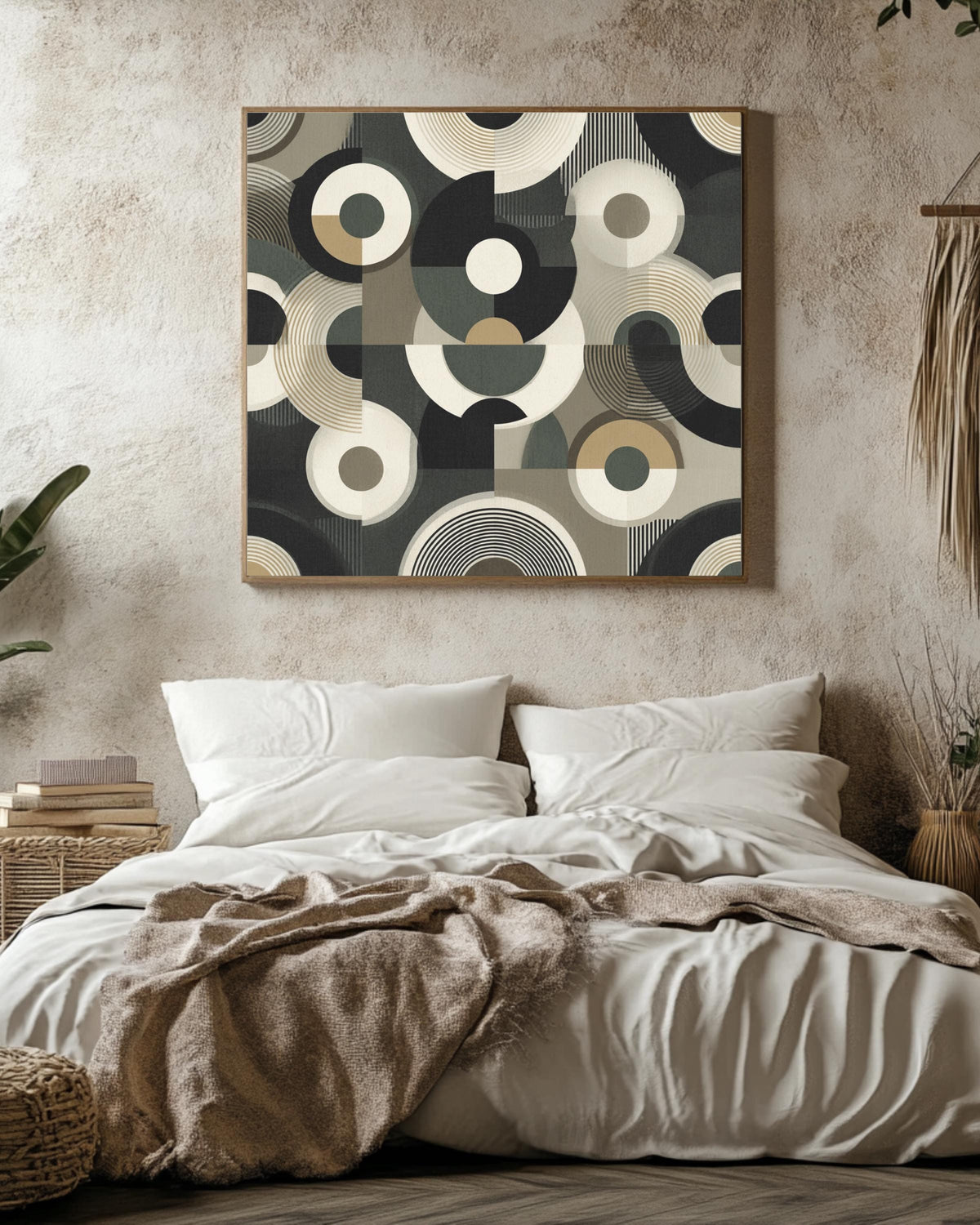 Art Deco Circle Pattern Print, Black White Beige Geometric Wall Art
