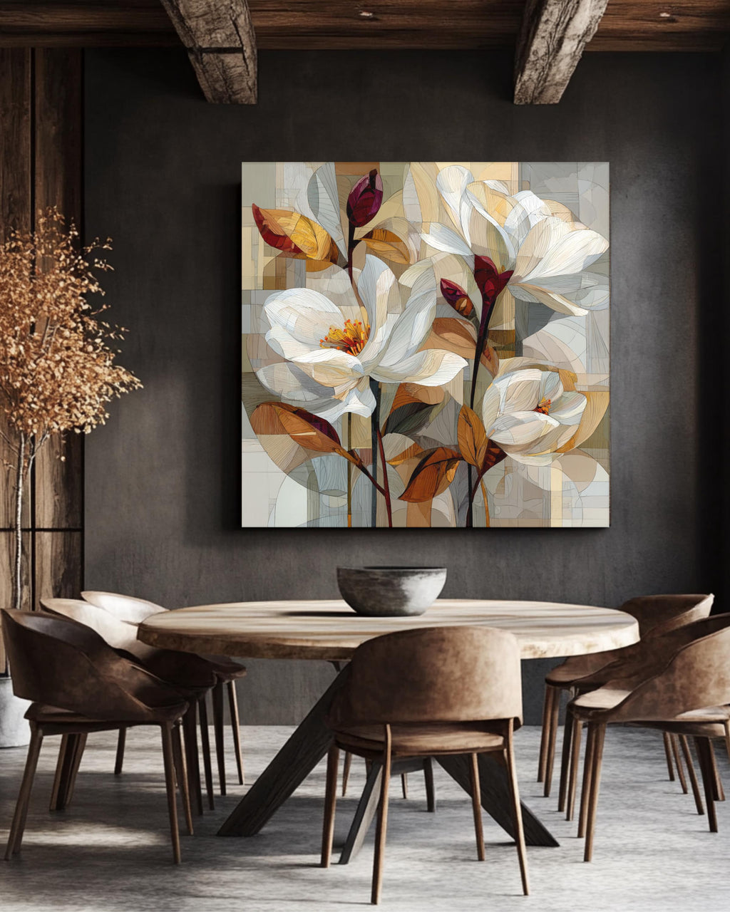 Abstract Floral Cubist Canvas Art, Beige & Brown Geometric Print