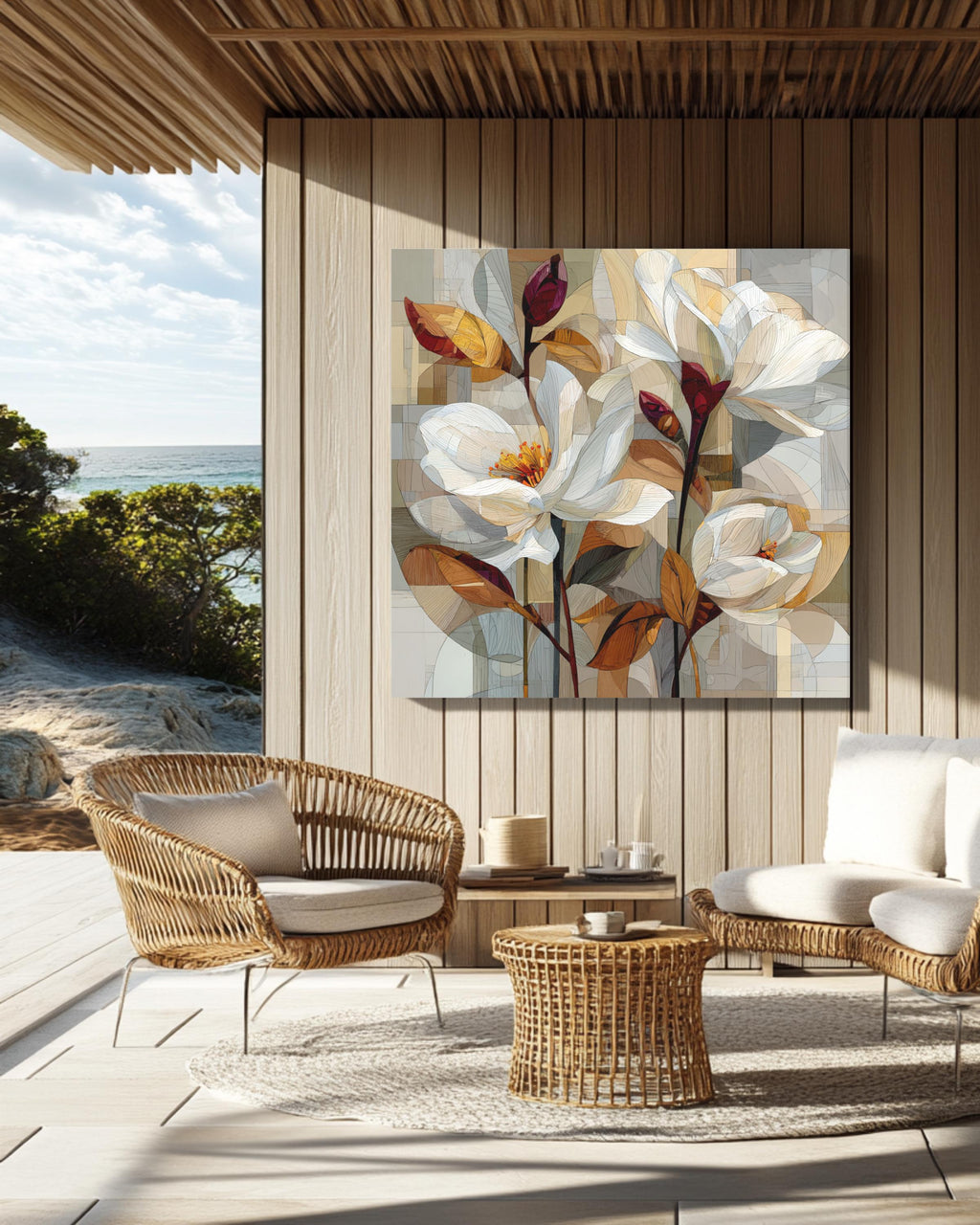 Abstract Floral Cubist Canvas Art, Beige & Brown Geometric Print