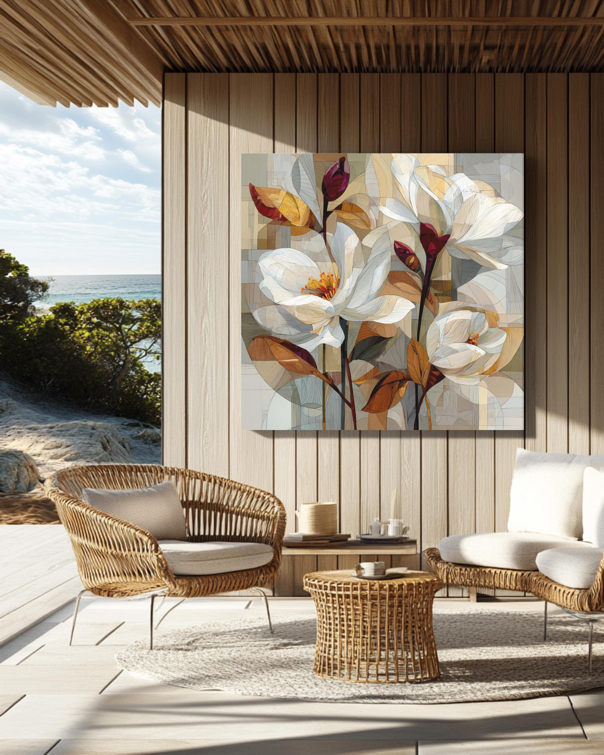 Abstract Floral Cubist Canvas Art, Beige & Brown Geometric Print