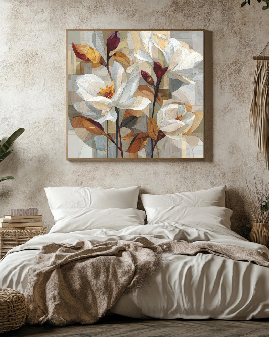 Abstract Floral Cubist Canvas Art, Beige & Brown Geometric Print