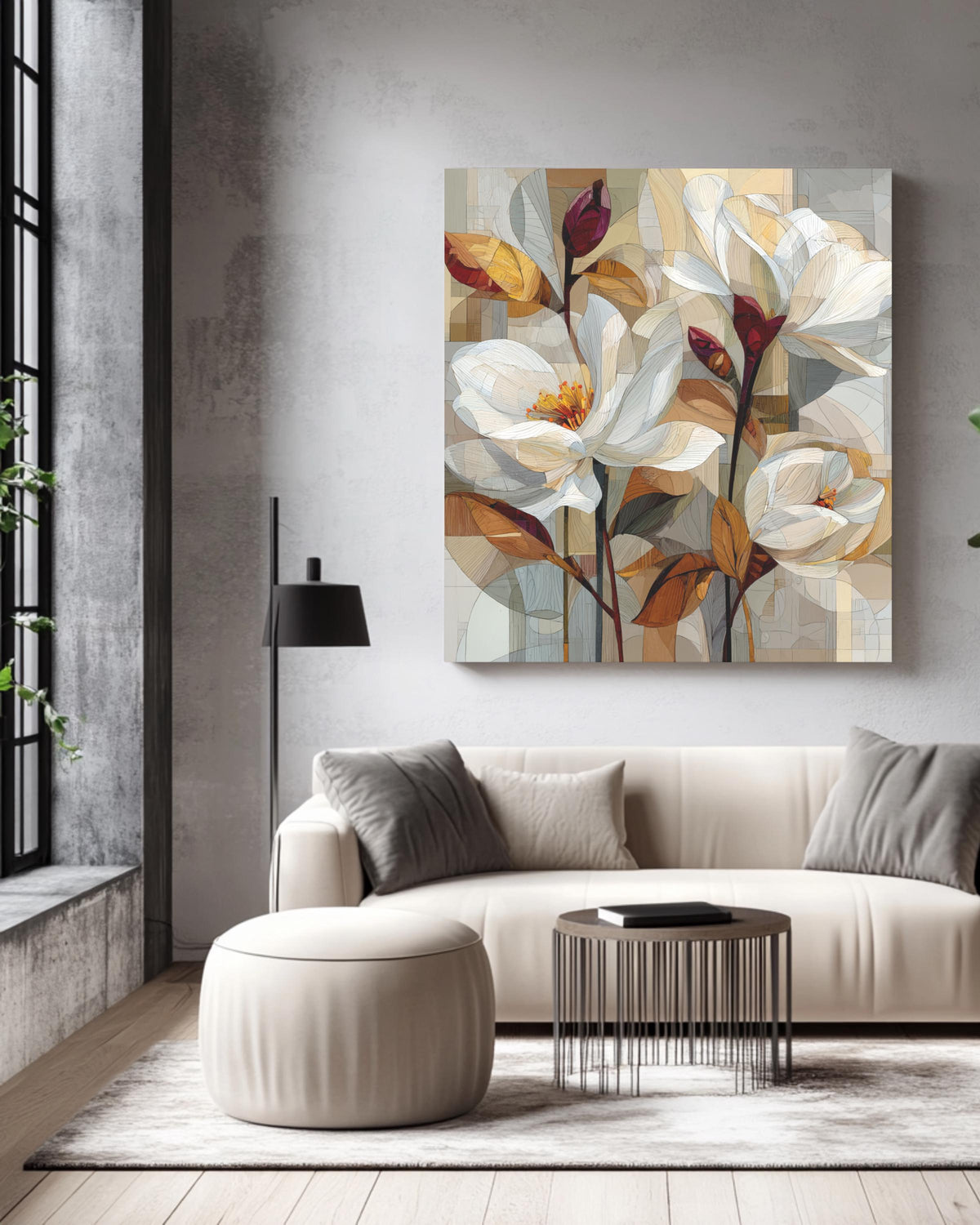 Abstract Floral Cubist Canvas Art, Beige & Brown Geometric Print