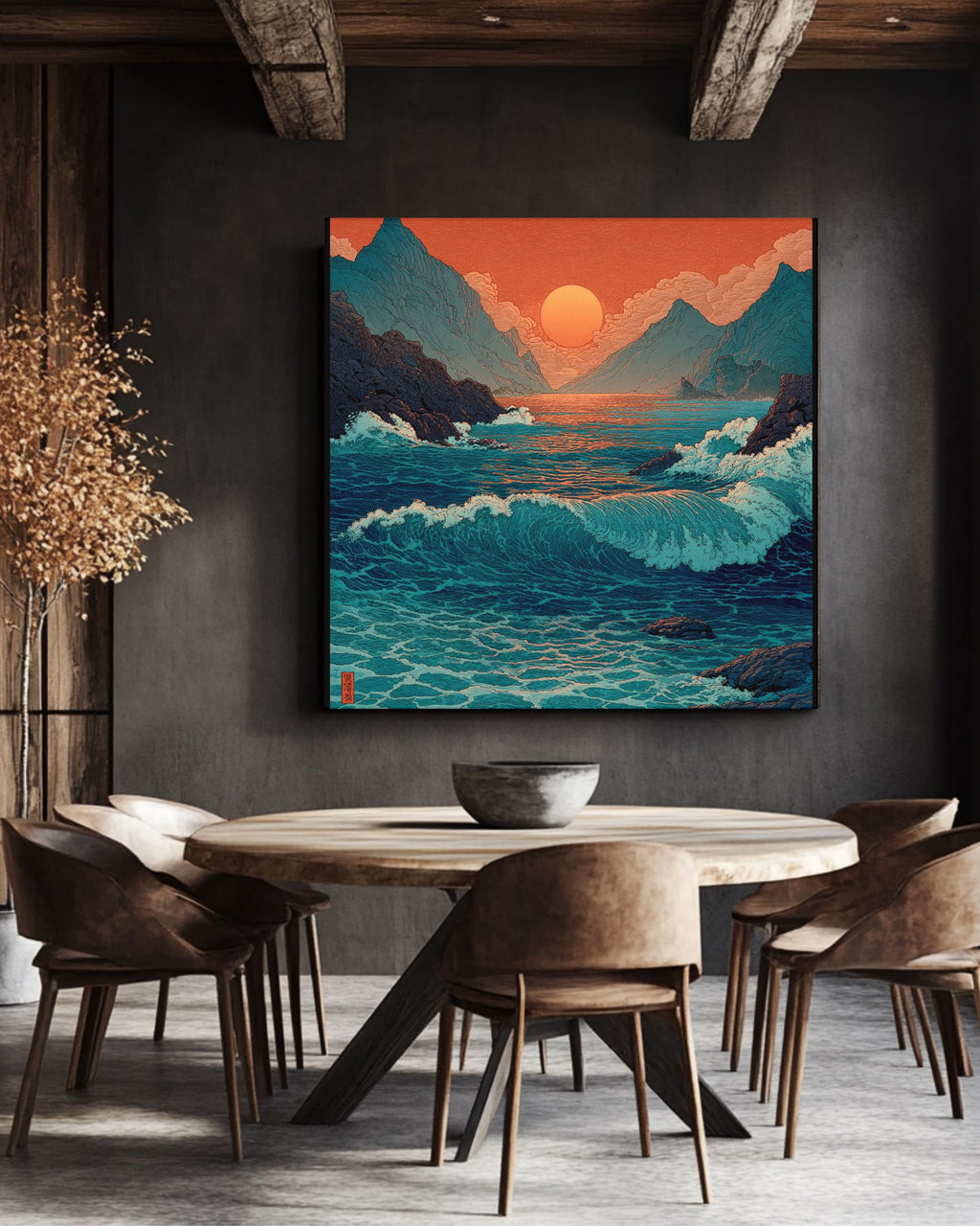 Japanese Woodblock Print of the Sea with Waves, Sunset with Red Sky, Blue and Green Water, Traditional Ukiyo-e Style, Poster Canvas