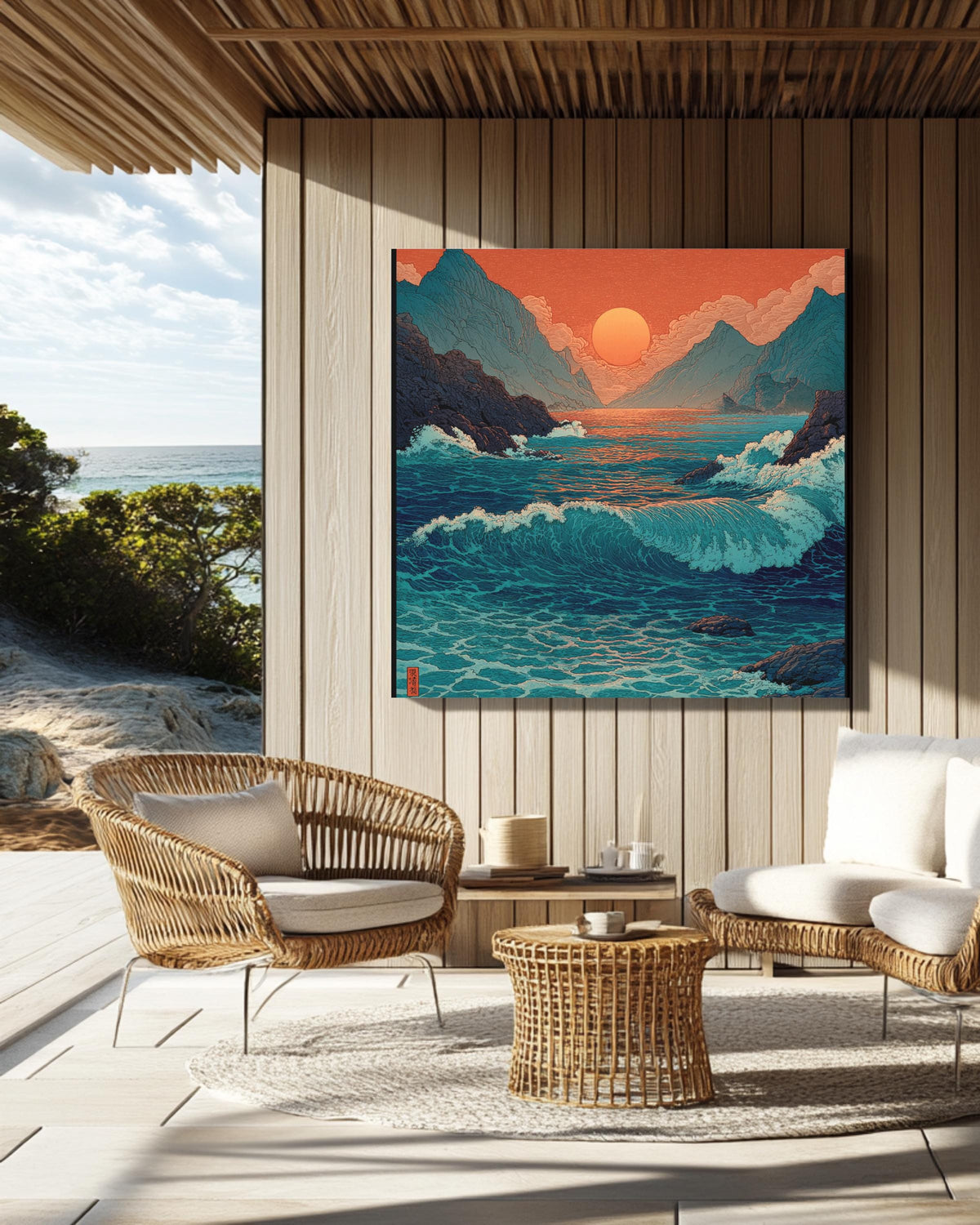 Japanese Woodblock Print of the Sea with Waves, Sunset with Red Sky, Blue and Green Water, Traditional Ukiyo-e Style, Poster Canvas