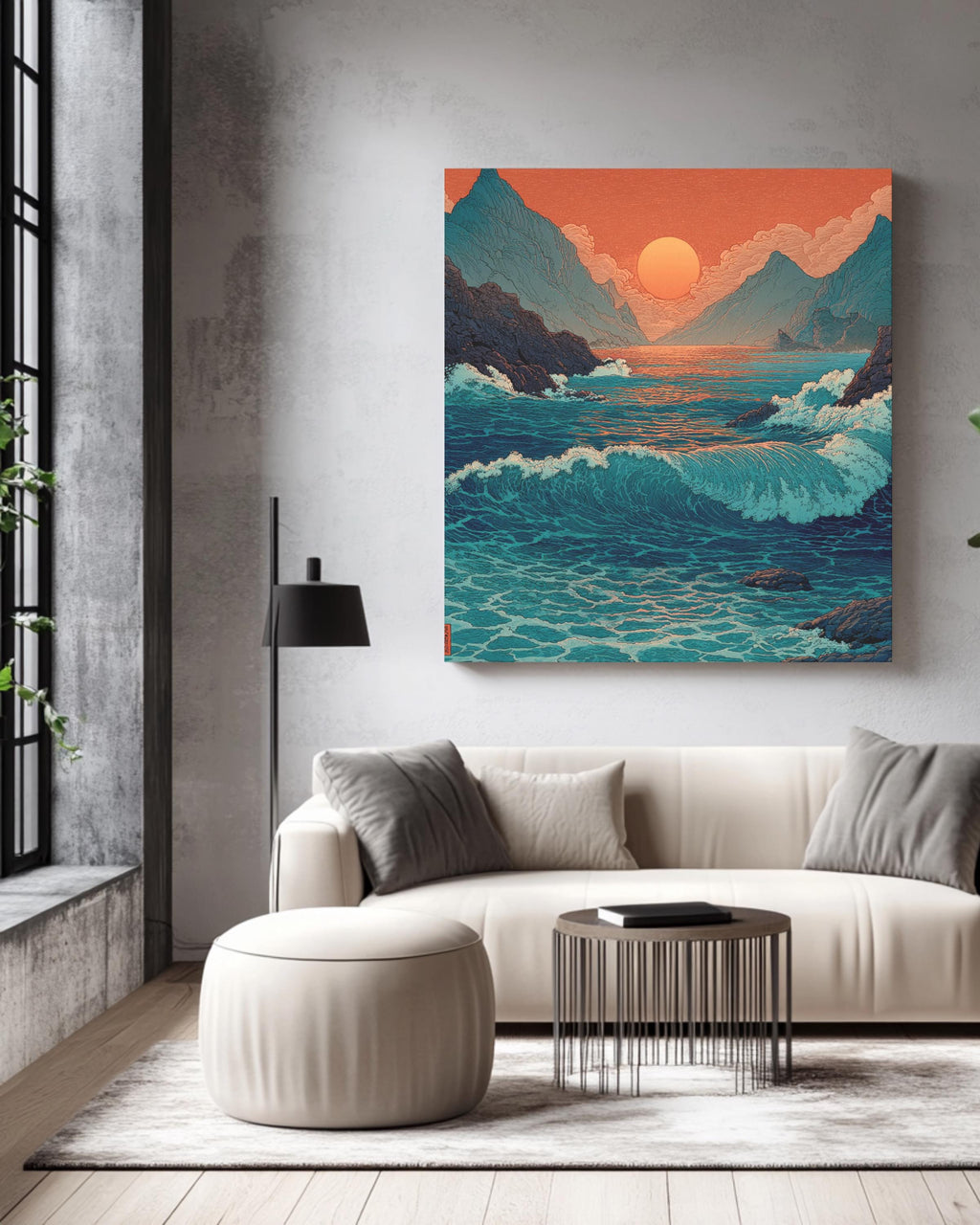 Japanese Woodblock Print of the Sea with Waves, Sunset with Red Sky, Blue and Green Water, Traditional Ukiyo-e Style, Poster Canvas