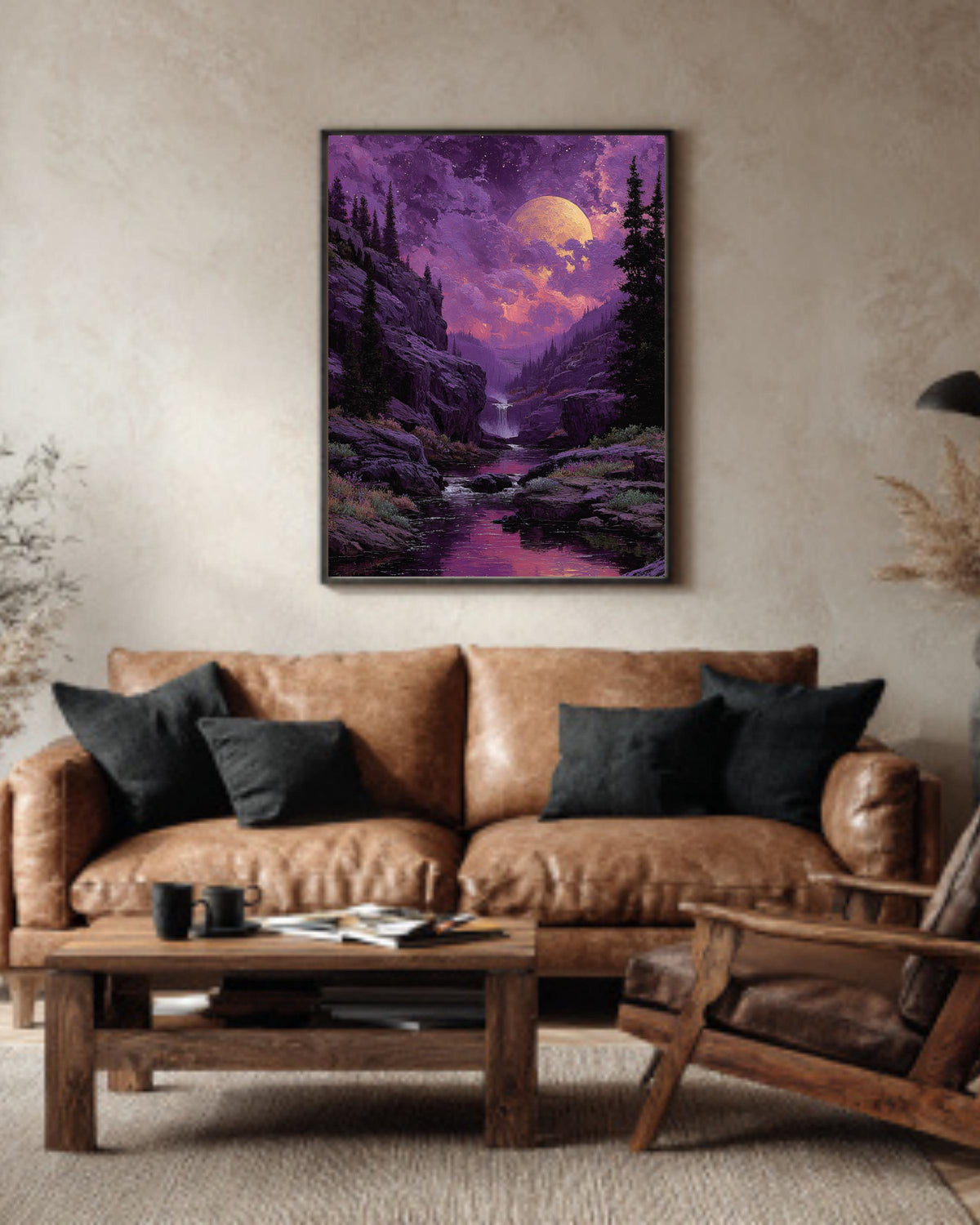 Purple Moonlit Waterfall Landscape Wall Art, Dreamy Night Sky River Valley Poster Canvas, Mystical Aurora Wall Decor