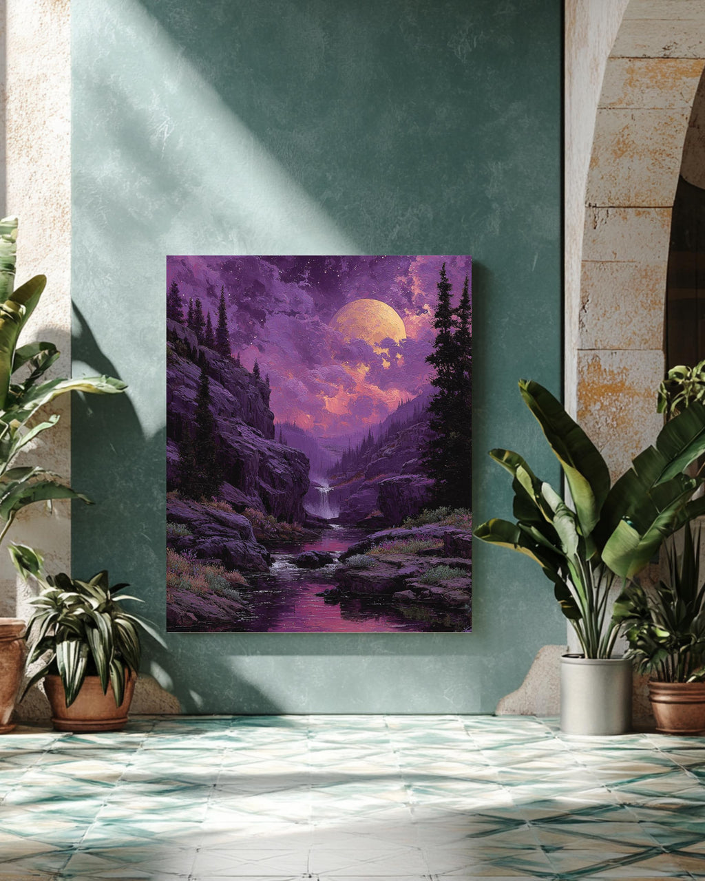 Purple Moonlit Waterfall Landscape Wall Art, Dreamy Night Sky River Valley Poster Canvas, Mystical Aurora Wall Decor