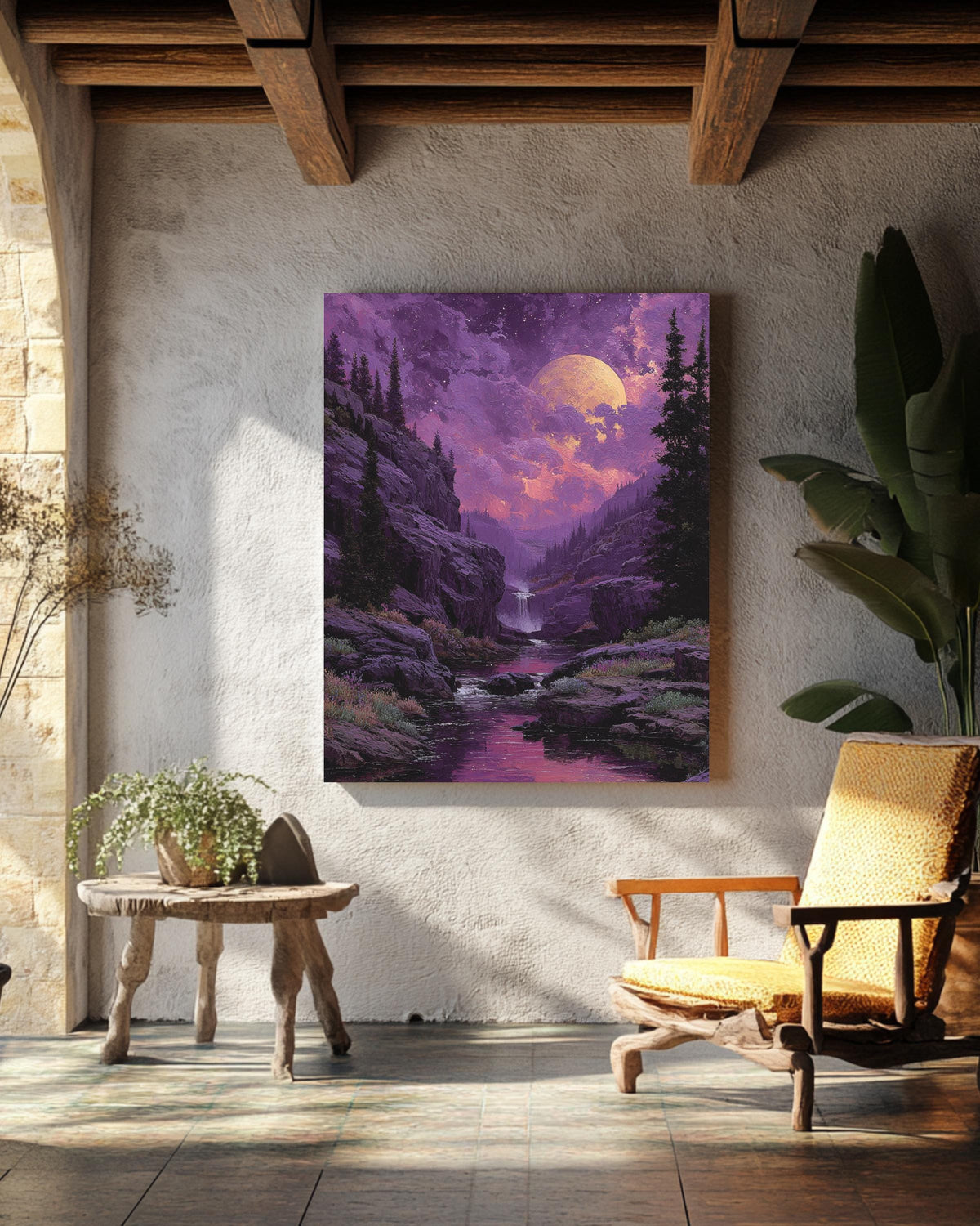 Purple Moonlit Waterfall Landscape Wall Art, Dreamy Night Sky River Valley Poster Canvas, Mystical Aurora Wall Decor