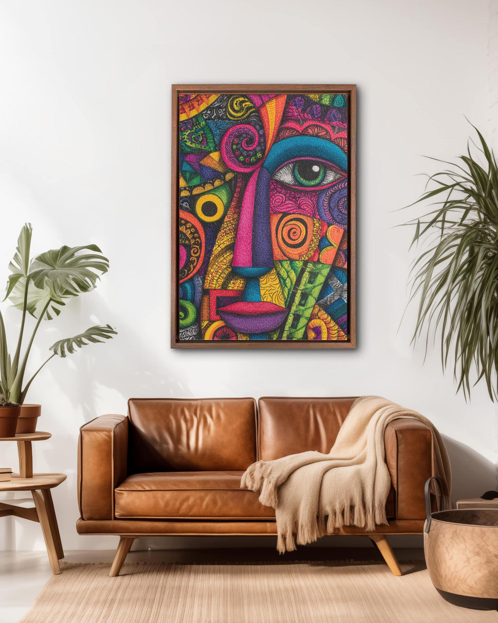 Colorful Abstract Face Wall Art, Psychedelic Geometric Portrait Poster Canvas, Modern Boho Expressionist Painting