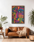 Colorful Abstract Face Wall Art, Psychedelic Geometric Portrait Poster Canvas, Modern Boho Expressionist Painting