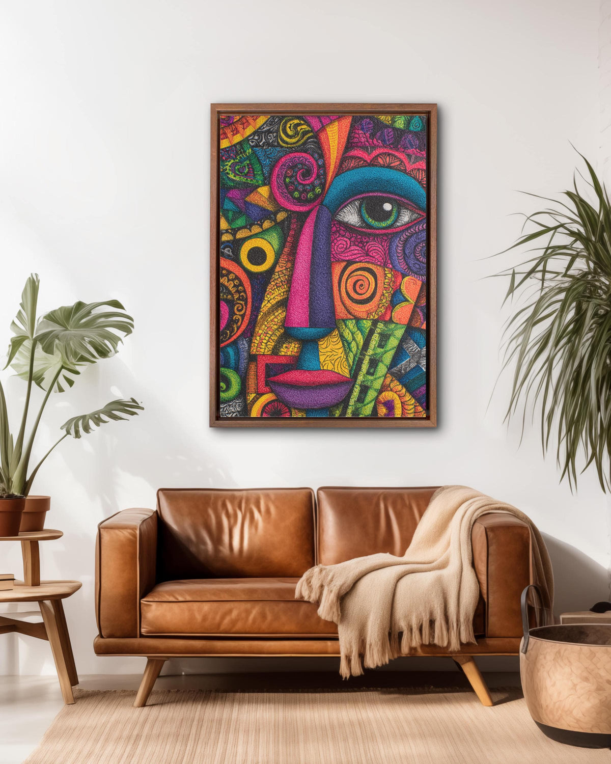 Colorful Abstract Face Wall Art, Psychedelic Geometric Portrait Poster Canvas, Modern Boho Expressionist Painting