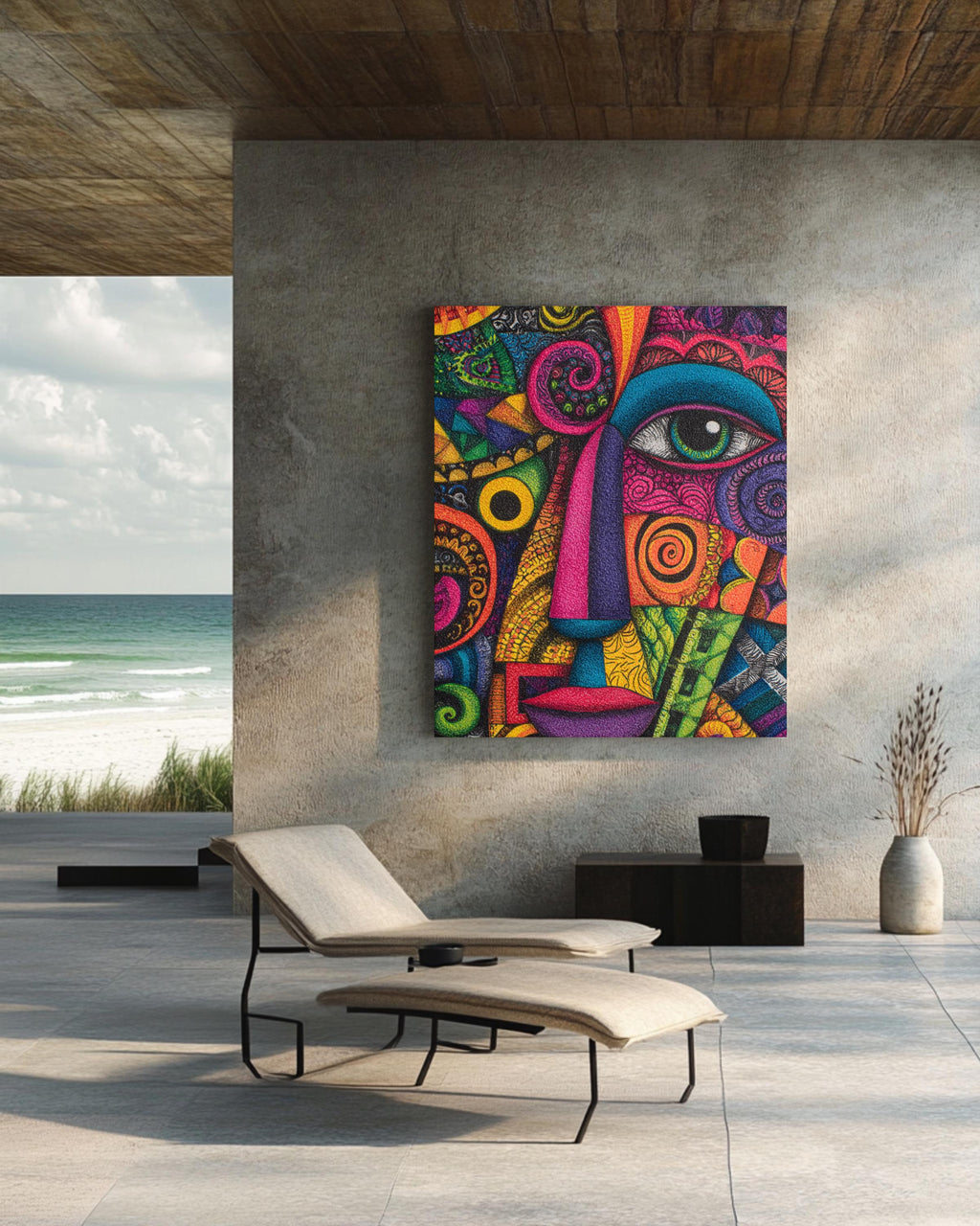 Colorful Abstract Face Wall Art, Psychedelic Geometric Portrait Poster Canvas, Modern Boho Expressionist Painting