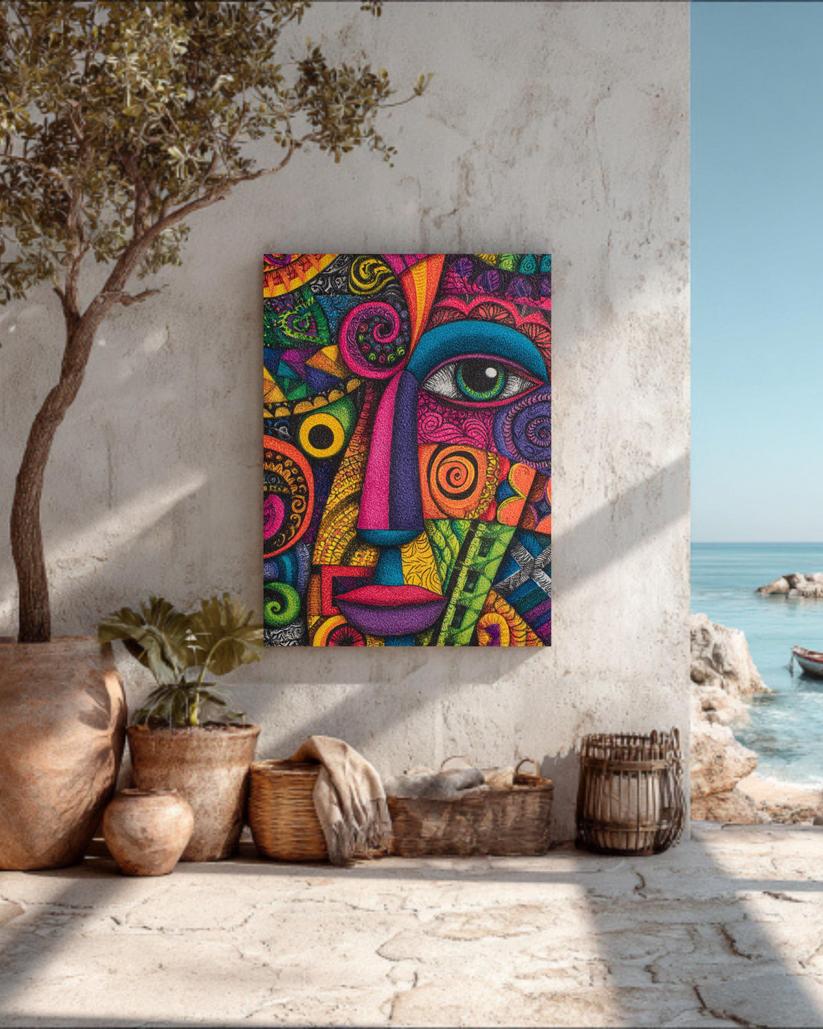 Colorful Abstract Face Wall Art, Psychedelic Geometric Portrait Poster Canvas, Modern Boho Expressionist Painting