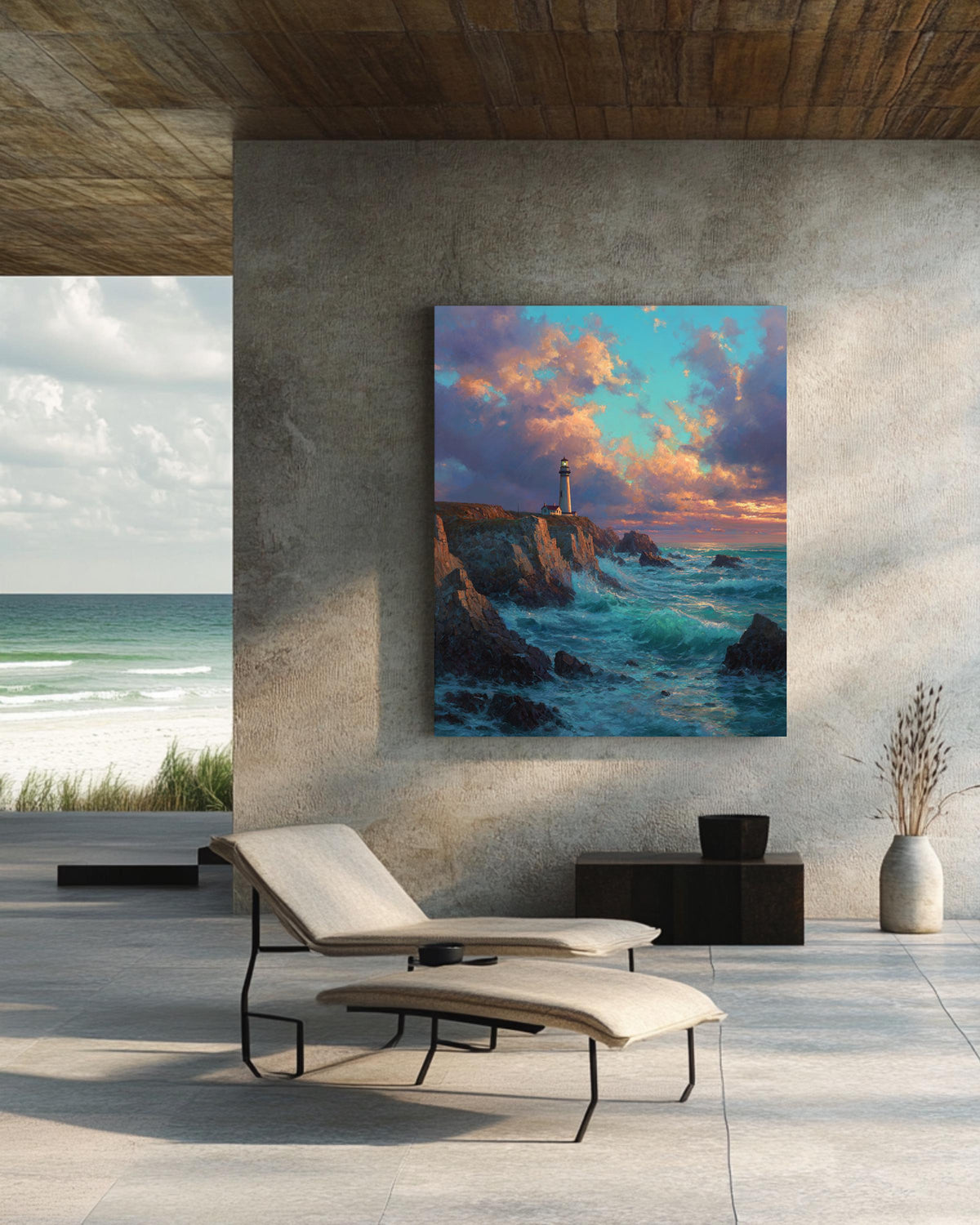 Dramatic Lighthouse Sunset Wall Art, Waves Crashing on Rocky Shore Oil Painting, Golden Sky Seascape Poster Canvas, Coastal Nautical Decor