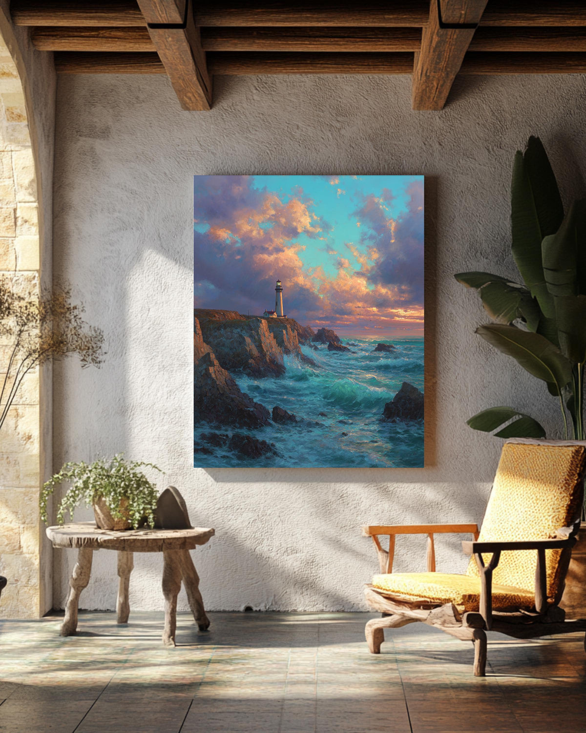 Dramatic Lighthouse Sunset Wall Art, Waves Crashing on Rocky Shore Oil Painting, Golden Sky Seascape Poster Canvas, Coastal Nautical Decor