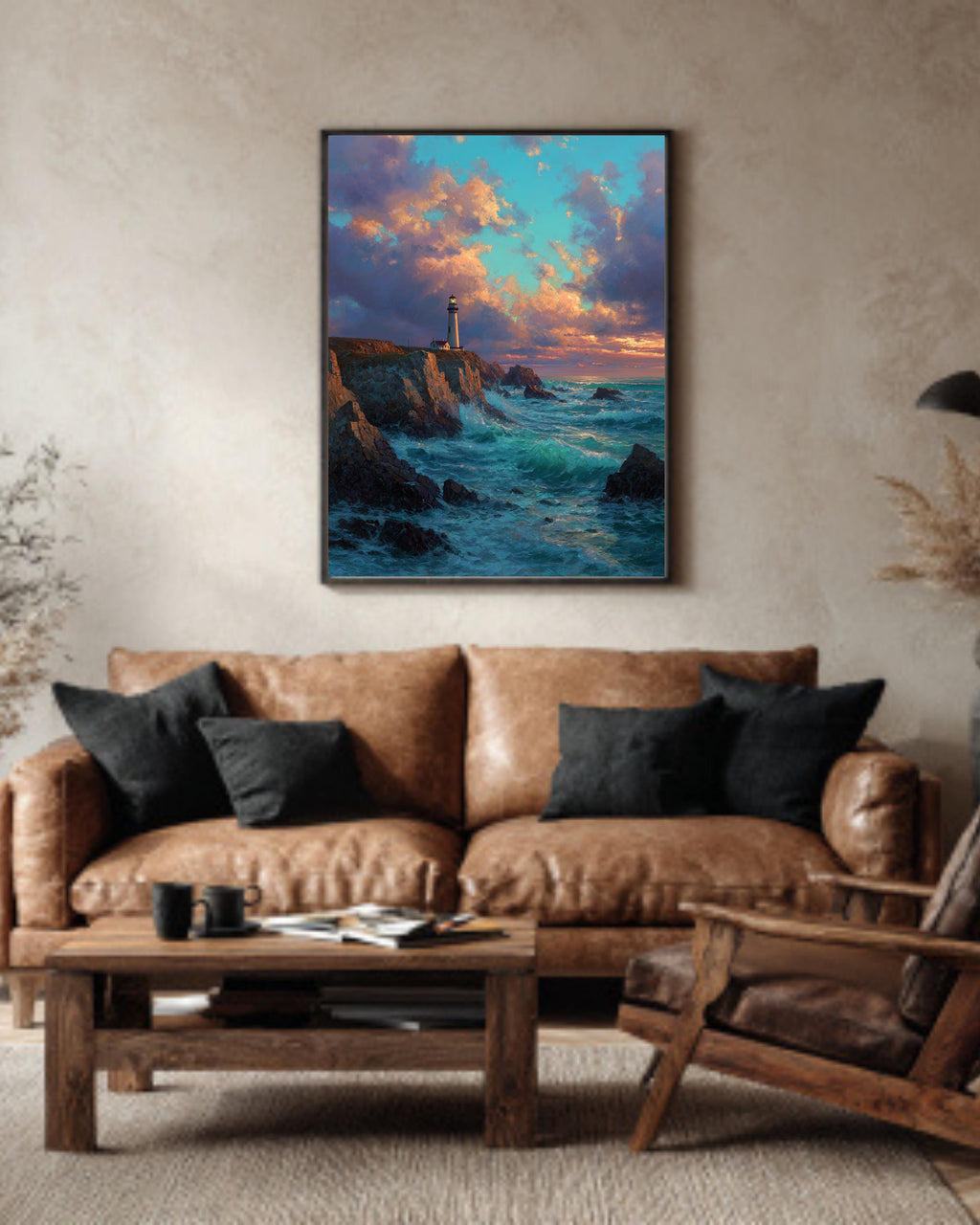 Dramatic Lighthouse Sunset Wall Art, Waves Crashing on Rocky Shore Oil Painting, Golden Sky Seascape Poster Canvas, Coastal Nautical Decor