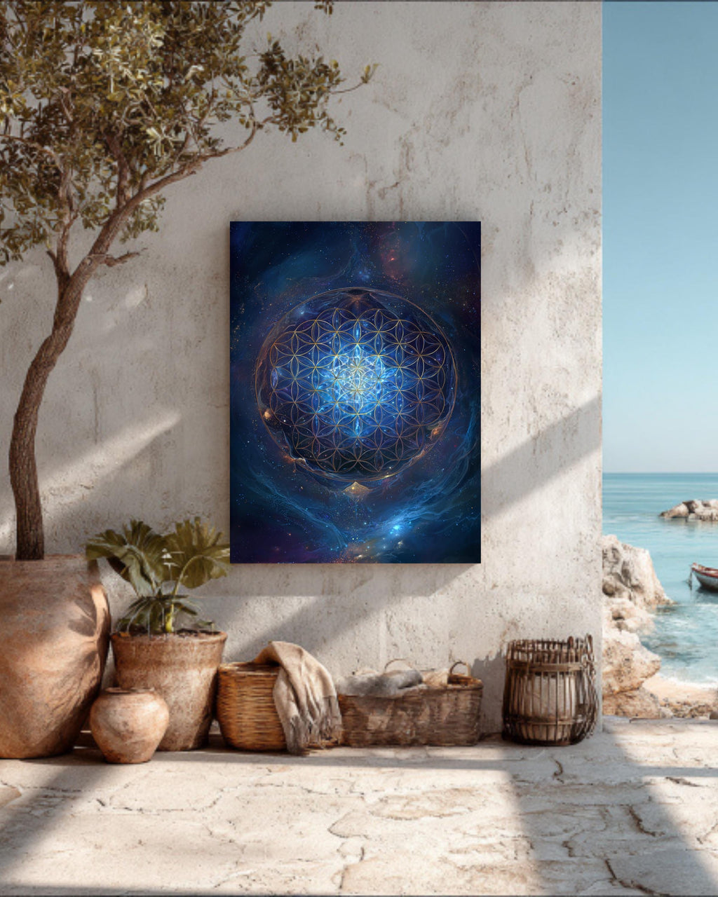 Flower of Life Sacred Geometry Wall Art, Blue Cosmic Energy Mandala Poster, Spiritual Universe Canvas, Metaphysical Meditation Room Decor