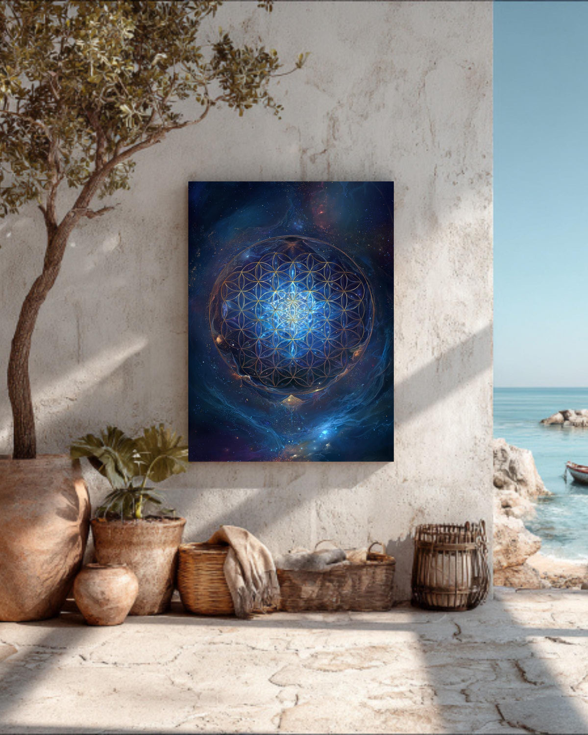 Flower of Life Sacred Geometry Wall Art, Blue Cosmic Energy Mandala Poster, Spiritual Universe Canvas, Metaphysical Meditation Room Decor