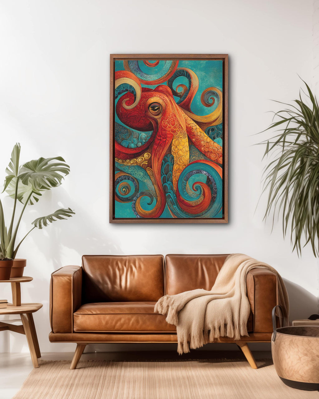 Colorful Octopus Wall Art, Abstract Ocean Animal Painting with Red Orange Yellow Turquoise Swirls, Coastal Nautical Sea Life Poster Canvas