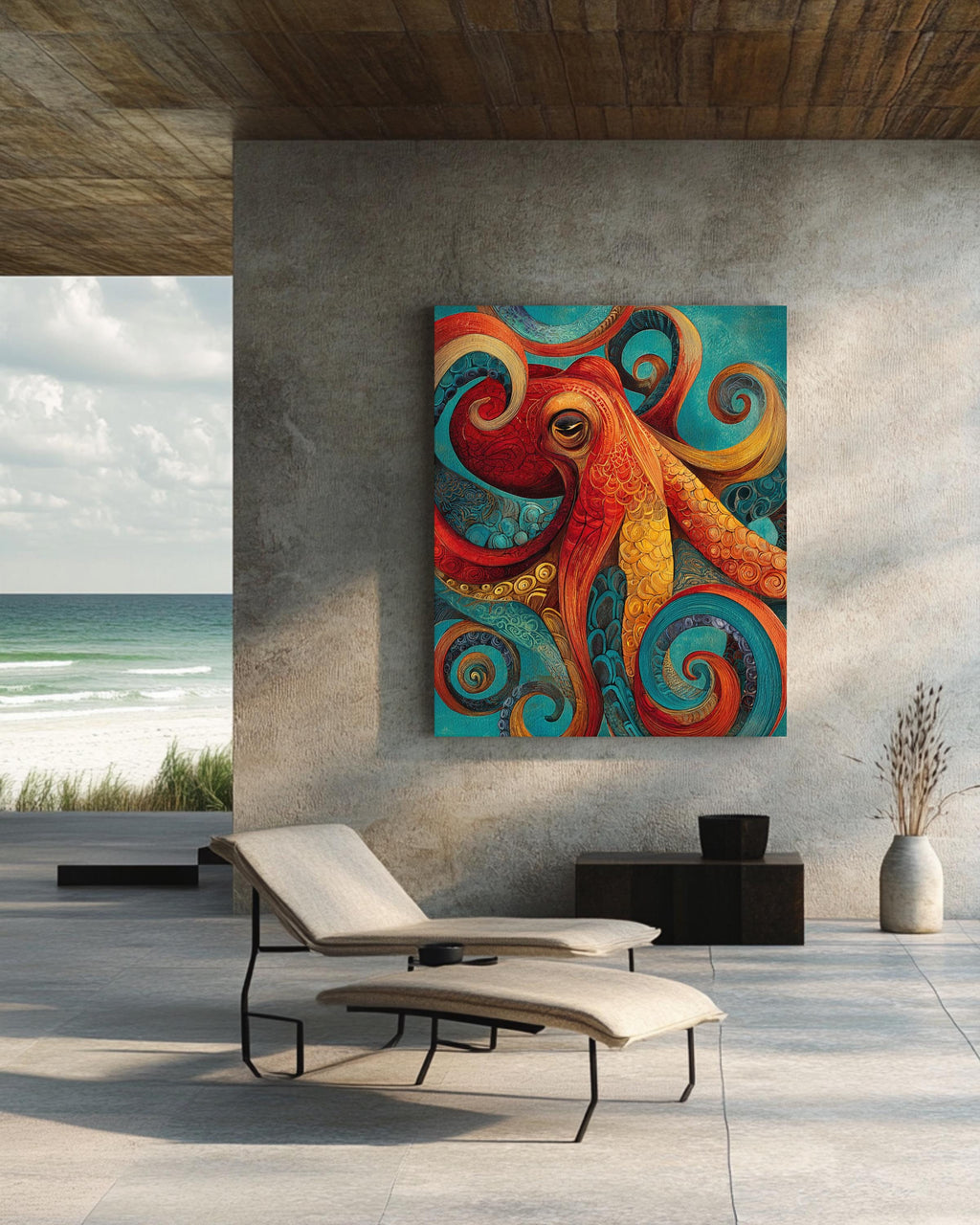Colorful Octopus Wall Art, Abstract Ocean Animal Painting with Red Orange Yellow Turquoise Swirls, Coastal Nautical Sea Life Poster Canvas