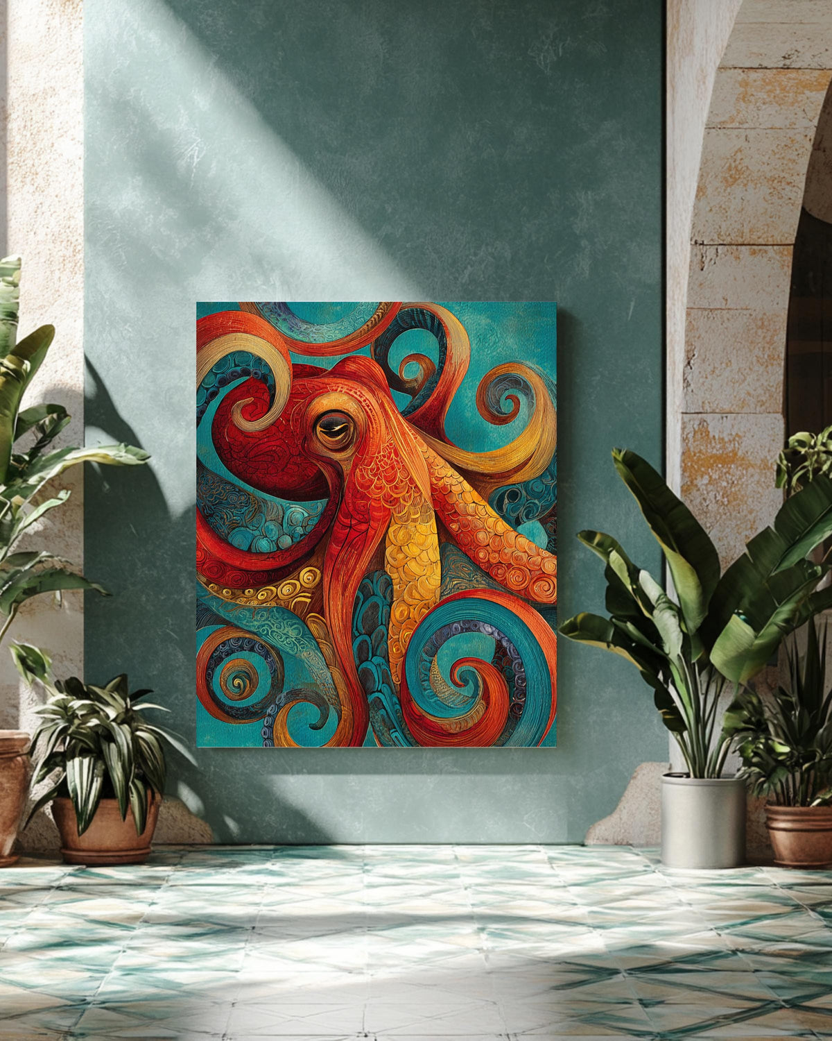 Colorful Octopus Wall Art, Abstract Ocean Animal Painting with Red Orange Yellow Turquoise Swirls, Coastal Nautical Sea Life Poster Canvas