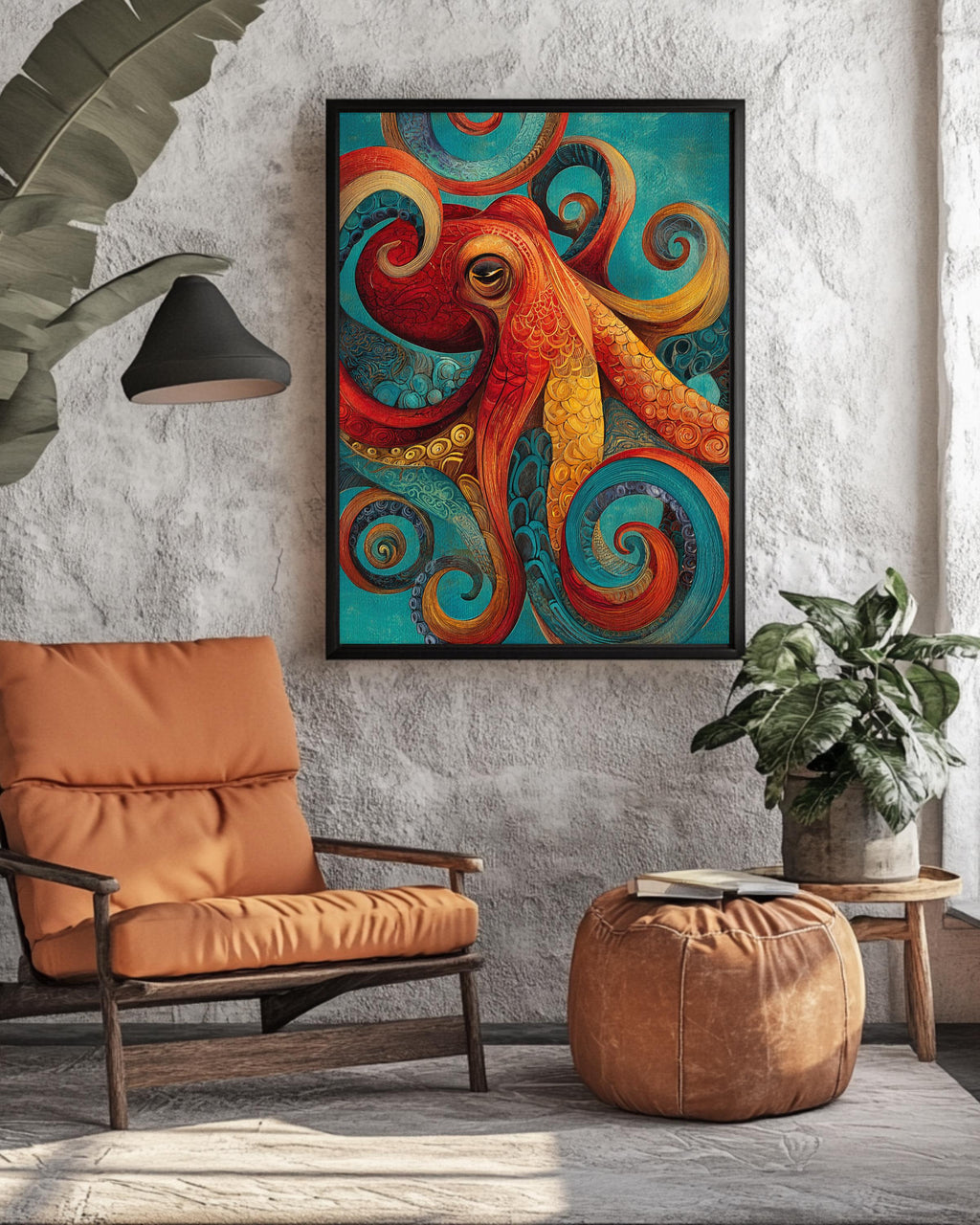 Colorful Octopus Wall Art, Abstract Ocean Animal Painting with Red Orange Yellow Turquoise Swirls, Coastal Nautical Sea Life Poster Canvas