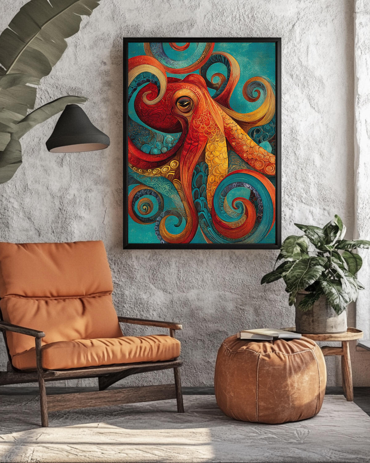 Colorful Octopus Wall Art, Abstract Ocean Animal Painting with Red Orange Yellow Turquoise Swirls, Coastal Nautical Sea Life Poster Canvas