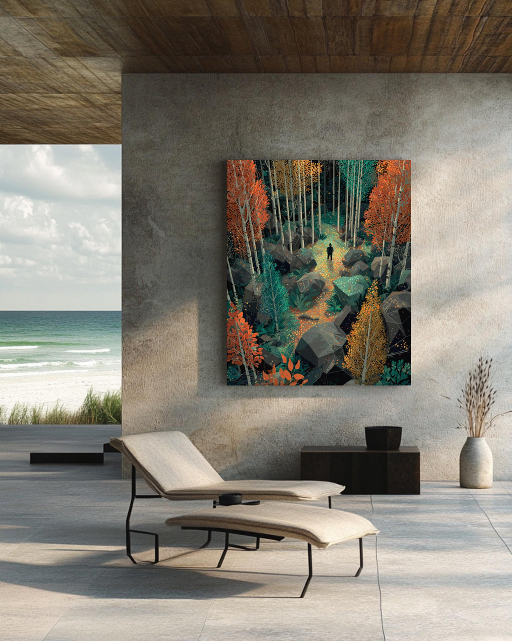 Autumn Forest Vector Art, Overhead Landscape with Tall Trees and Foliage, Geometric Nature Poster Canvas, Warm Fall Colors