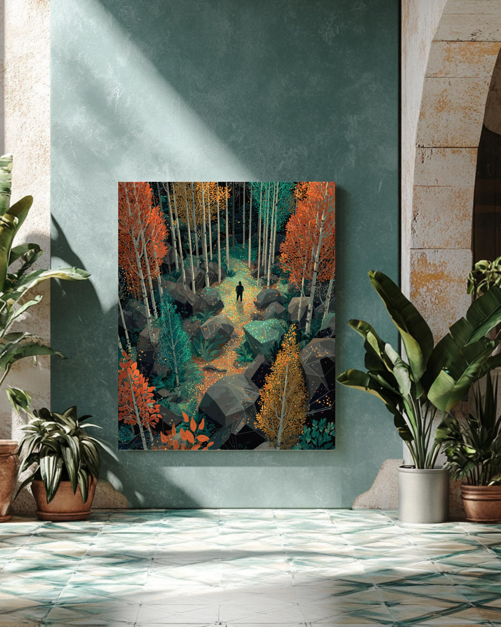 Autumn Forest Vector Art, Overhead Landscape with Tall Trees and Foliage, Geometric Nature Poster Canvas, Warm Fall Colors