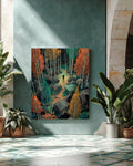 Autumn Forest Vector Art, Overhead Landscape with Tall Trees and Foliage, Geometric Nature Poster Canvas, Warm Fall Colors